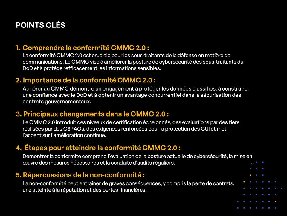 Conformité CMMC 2.0 pour les sous-traitants de défense en communications - Key Takeaways