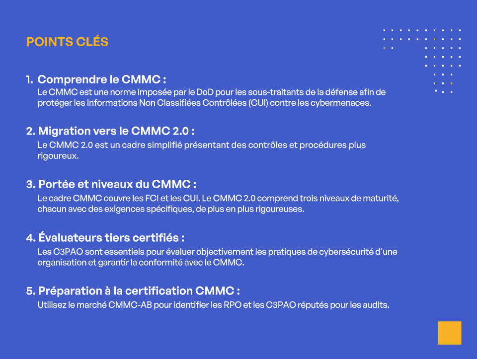 CMMC & CMMC 2.0 : Certification du modèle de maturité de la cybersécurité - POINTS CLÉS