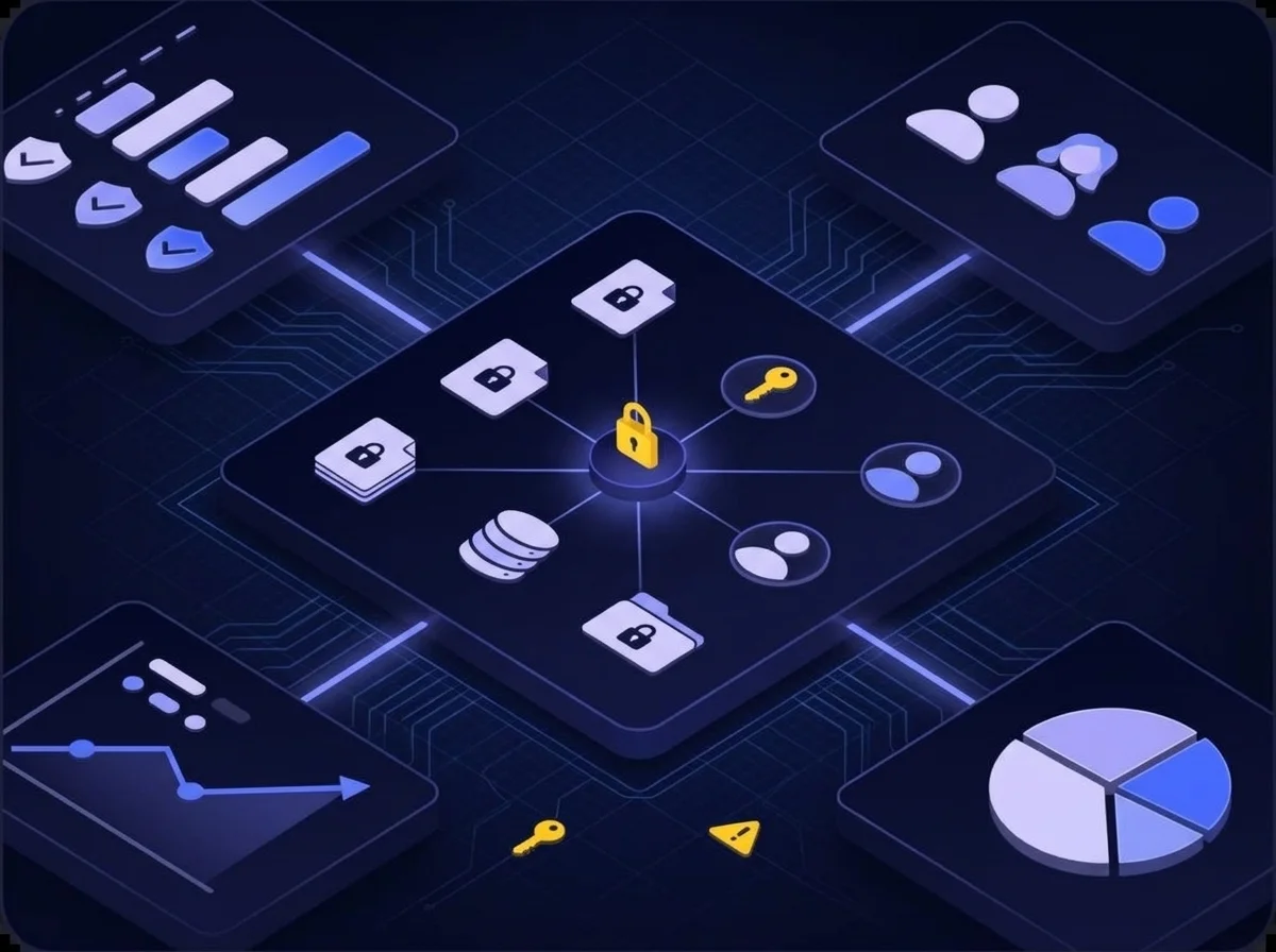 Data Access Control Isometric UI illustration depicting data access control with deep navy background, dark blue surfaces, blue-violet highlights, soft lavender details, and small yellow accents.