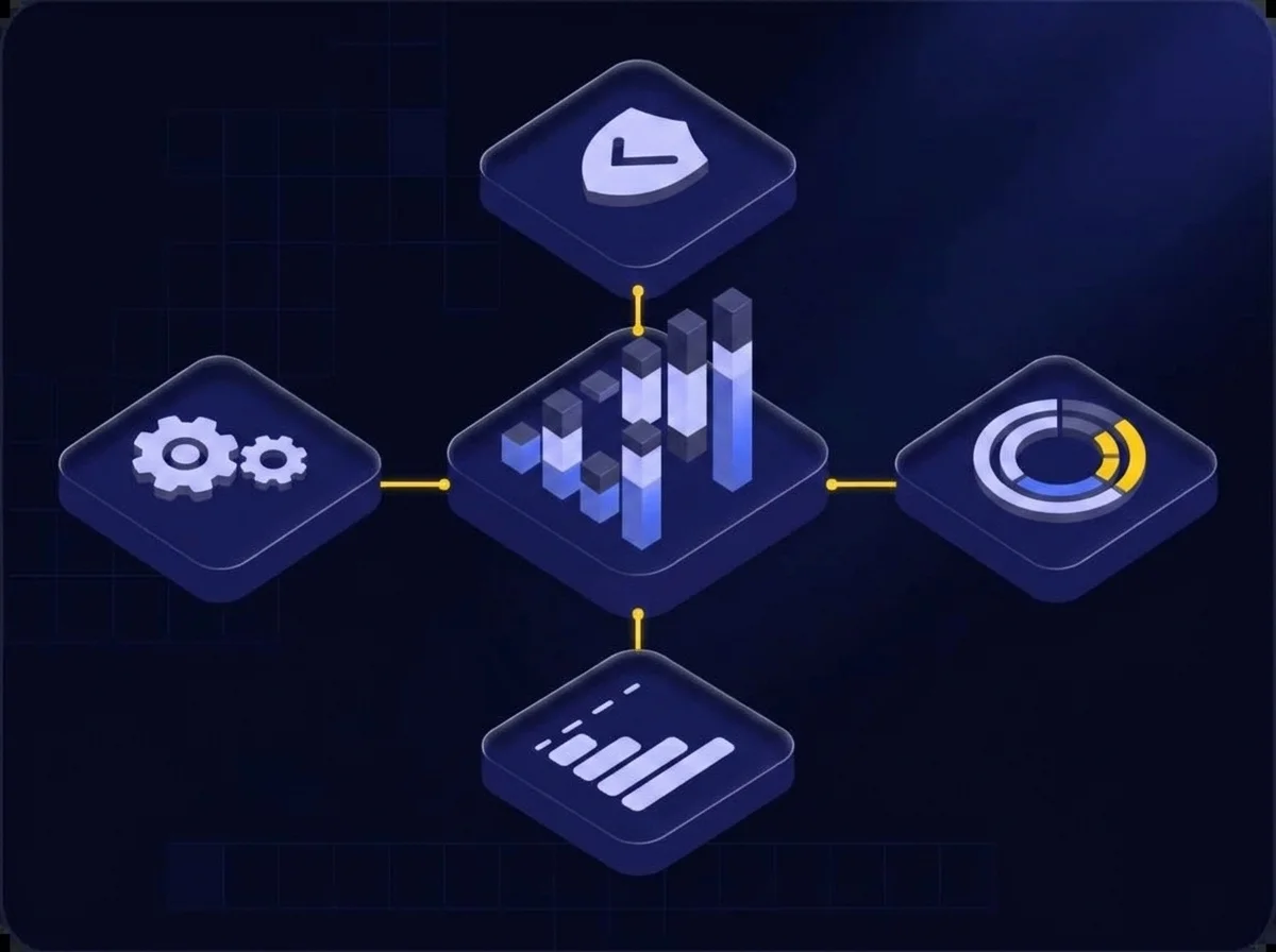Data Catalog Risk Alignment DAn isometric UI illustration with a deep navy background, dark blue surfaces, blue-violet highlights, soft lavender details, and yellow accents, depicting data catalog risk alignment and analytics for federal agencies.