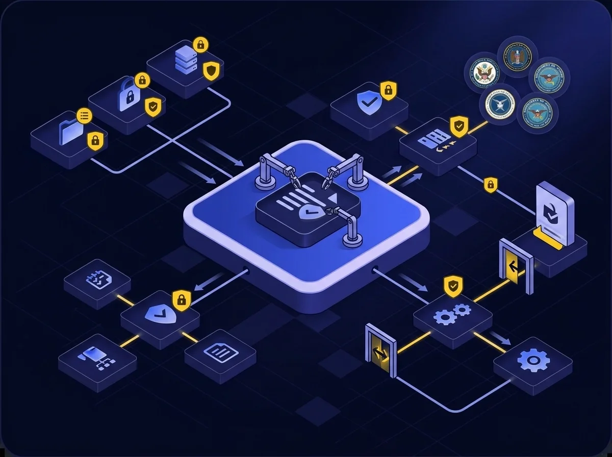 Data Labeling and Tagging Isometric UI illustration depicting data labeling and tagging for secure government collaboration, featuring a dark navy background with blue and yellow accents.