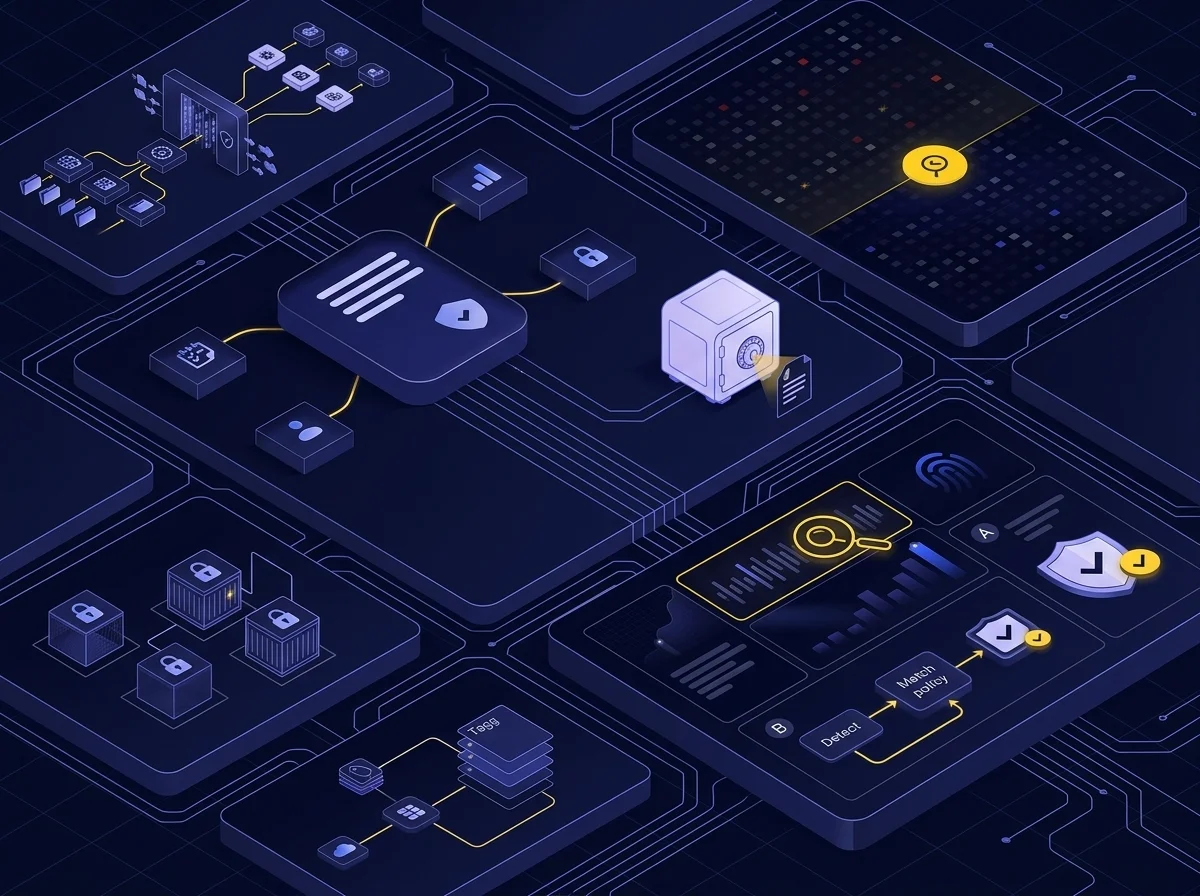 Data Loss Prevention Isometric UI illustration depicting data loss prevention with dark blue surfaces, blue-violet highlights, lavender details, and yellow accents on a deep navy background.