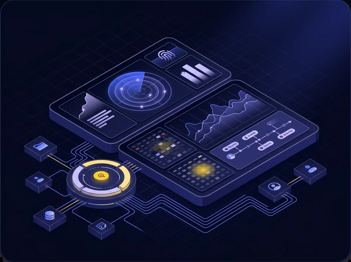 Data Monitoring and Sensing Isometric data monitoring and analytics interface with deep navy background, dark blue surfaces, and yellow accents.