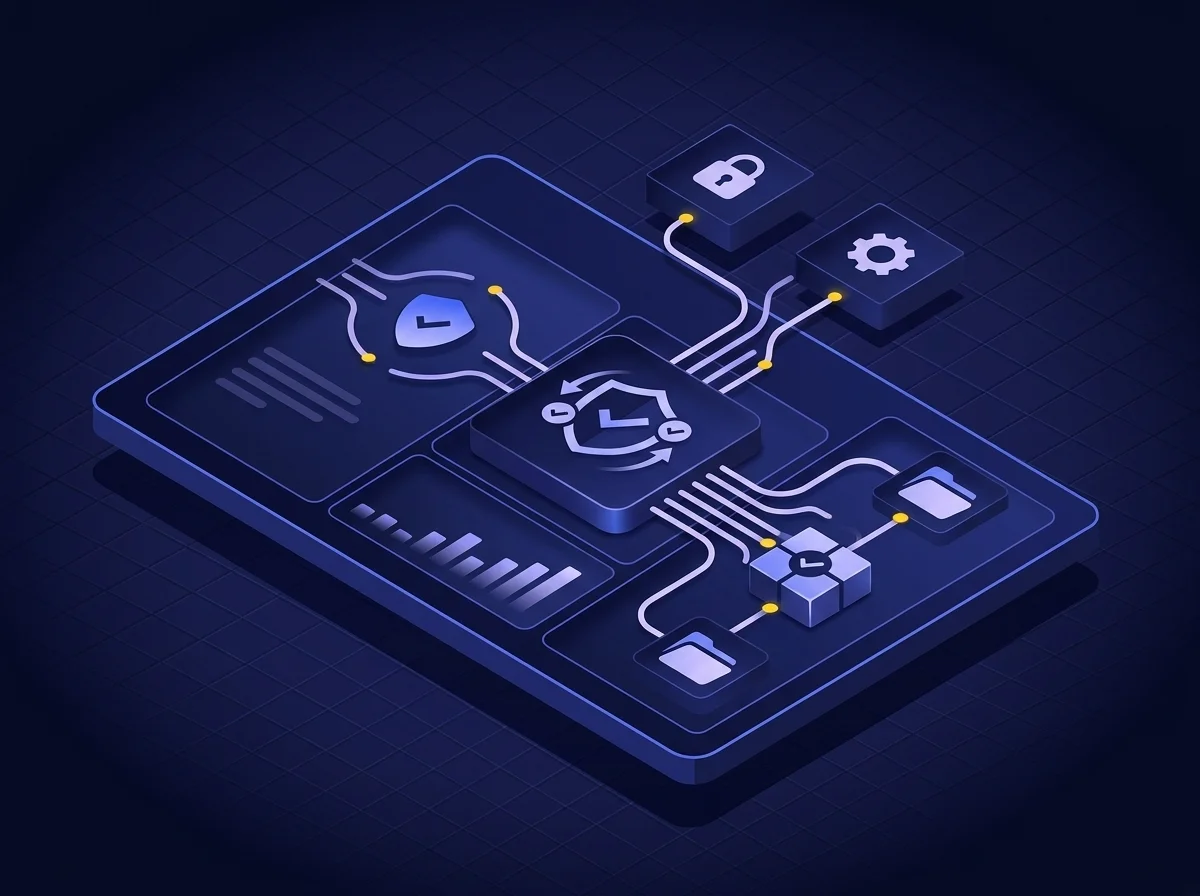 Enterprise Data Governance An isometric UI illustration with a deep navy background, dark blue surfaces, blue-violet highlights, soft lavender details, and yellow accents, depicting enterprise data governance and zero trust policy workflows without text.